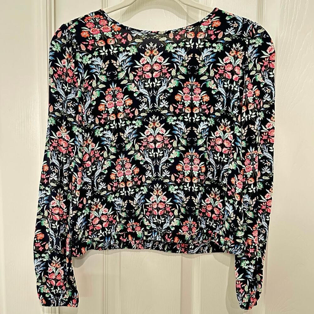 Ann Taylor Loft Floral Trellis Wrap Back Top Blouse‎ Womens Medium M Navy - Picture 3 of 8